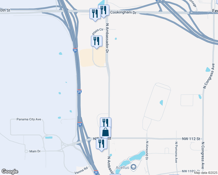 map of restaurants, bars, coffee shops, grocery stores, and more near 11519-11603 Northwest Ambassador Drive in Kansas City