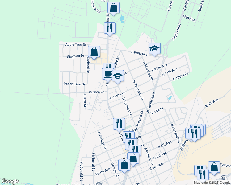 map of restaurants, bars, coffee shops, grocery stores, and more near 117 East 11th Avenue in Ranson