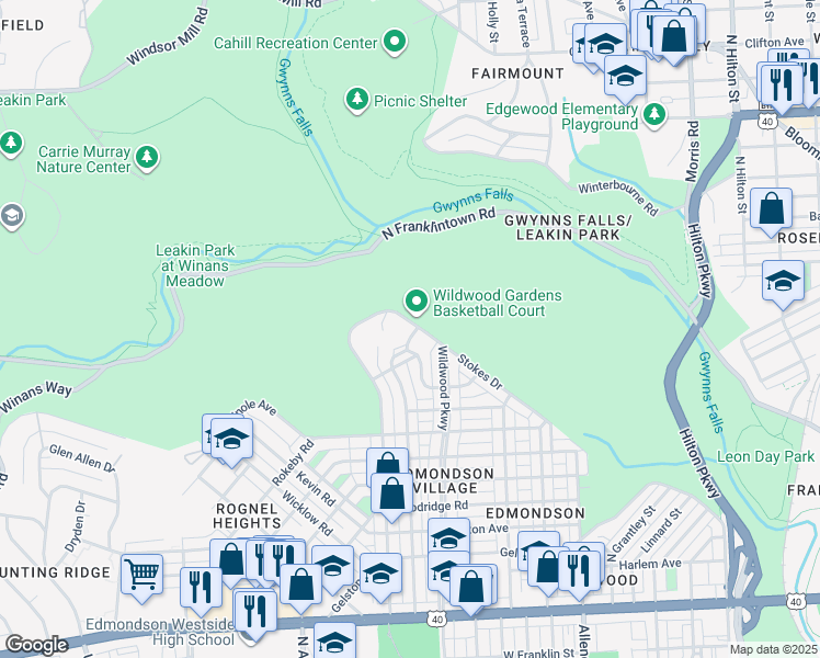 map of restaurants, bars, coffee shops, grocery stores, and more near 4109 Stokes Drive in Baltimore