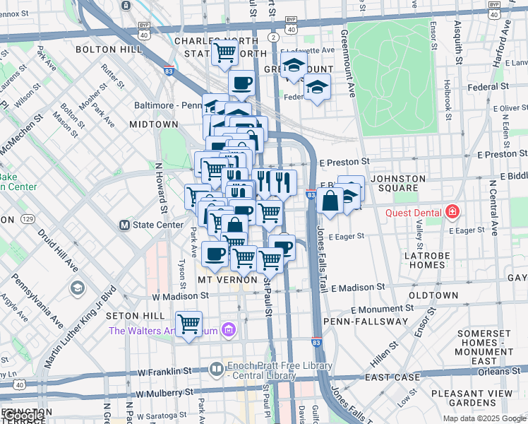 map of restaurants, bars, coffee shops, grocery stores, and more near St Paul St & E Chase St in Baltimore