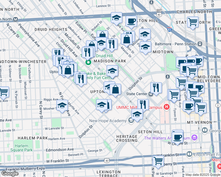 map of restaurants, bars, coffee shops, grocery stores, and more near 1313 Druid Hill Avenue in Baltimore