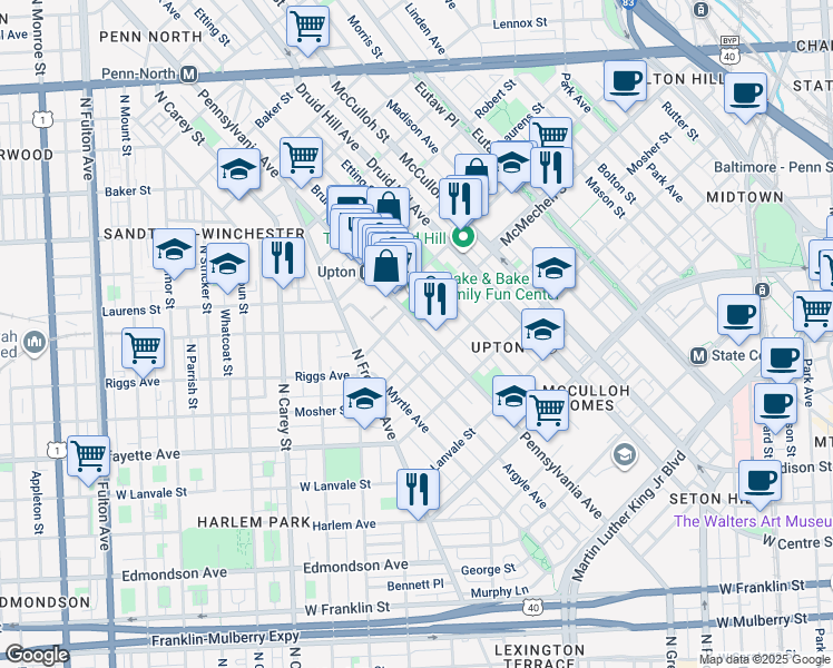 map of restaurants, bars, coffee shops, grocery stores, and more near 1506 Pennsylvania Avenue in Baltimore
