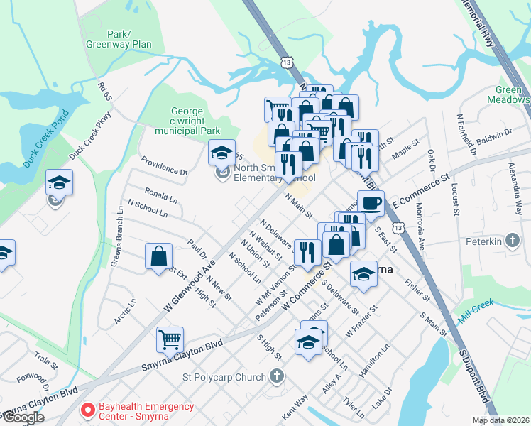 map of restaurants, bars, coffee shops, grocery stores, and more near 25 East Glenwood Avenue in Smyrna