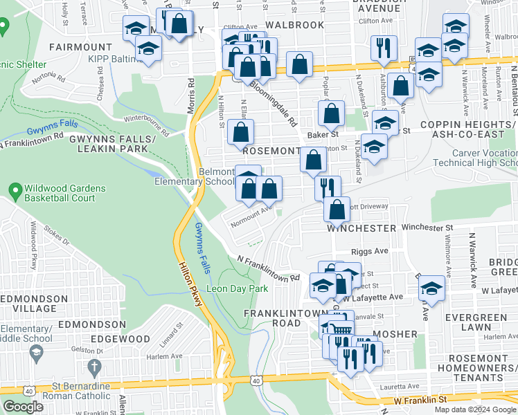 map of restaurants, bars, coffee shops, grocery stores, and more near 3126 Normount Avenue in Baltimore