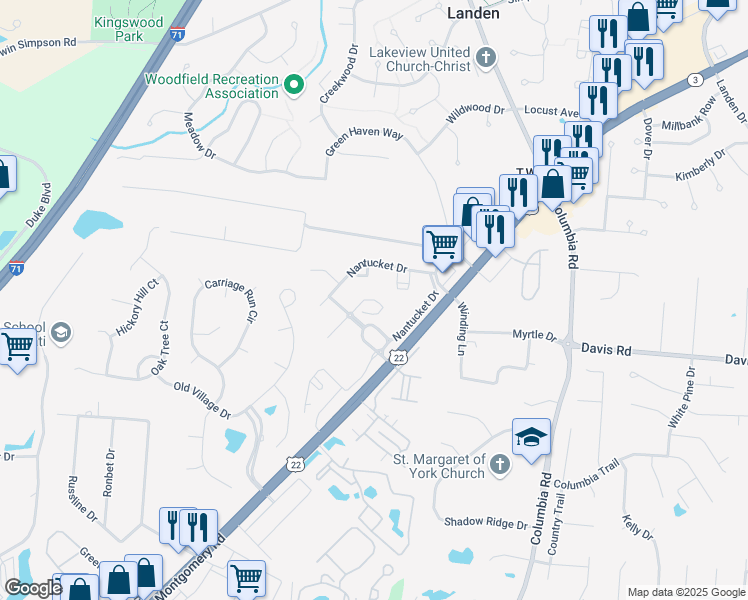 map of restaurants, bars, coffee shops, grocery stores, and more near Yarmouth Circle in Loveland