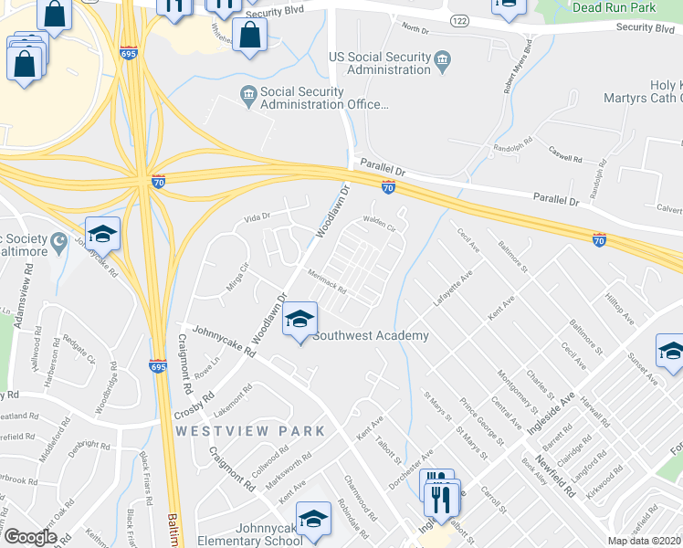 map of restaurants, bars, coffee shops, grocery stores, and more near 2 Walden Birch Crt in Woodlawn