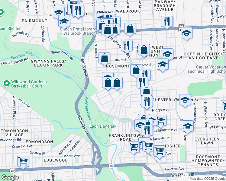 map of restaurants, bars, coffee shops, grocery stores, and more near 3124 Normount Avenue in Baltimore