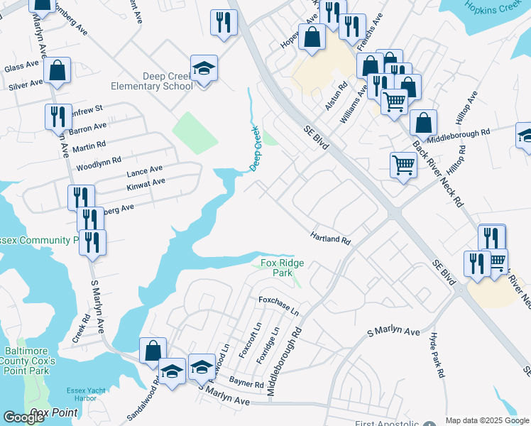 map of restaurants, bars, coffee shops, grocery stores, and more near 1260 Sugarwood Circle in Essex