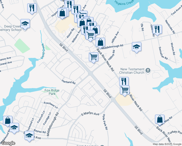 map of restaurants, bars, coffee shops, grocery stores, and more near Maryland 702 & Middleborough Road in Essex