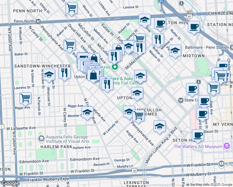 map of restaurants, bars, coffee shops, grocery stores, and more near 535 Mosher Street in Baltimore