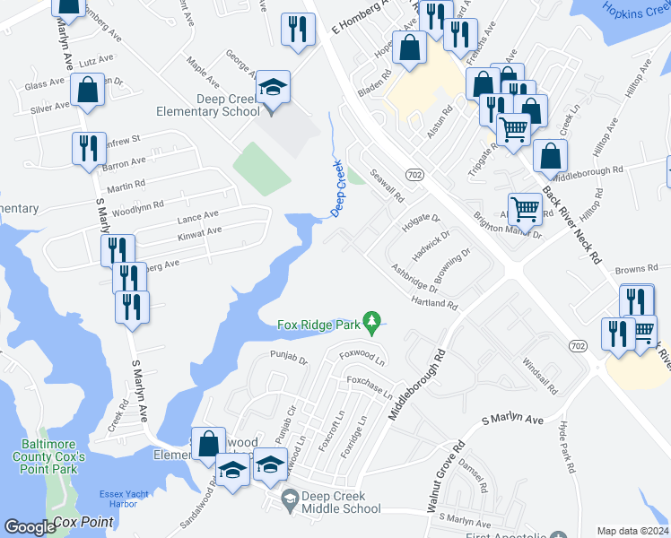 map of restaurants, bars, coffee shops, grocery stores, and more near 1241 Sugarwood Circle in Essex
