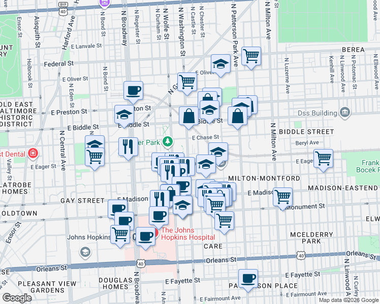 map of restaurants, bars, coffee shops, grocery stores, and more near 1007 North Washington Street in Baltimore