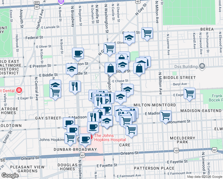 map of restaurants, bars, coffee shops, grocery stores, and more near 1007 North Washington Street in Baltimore