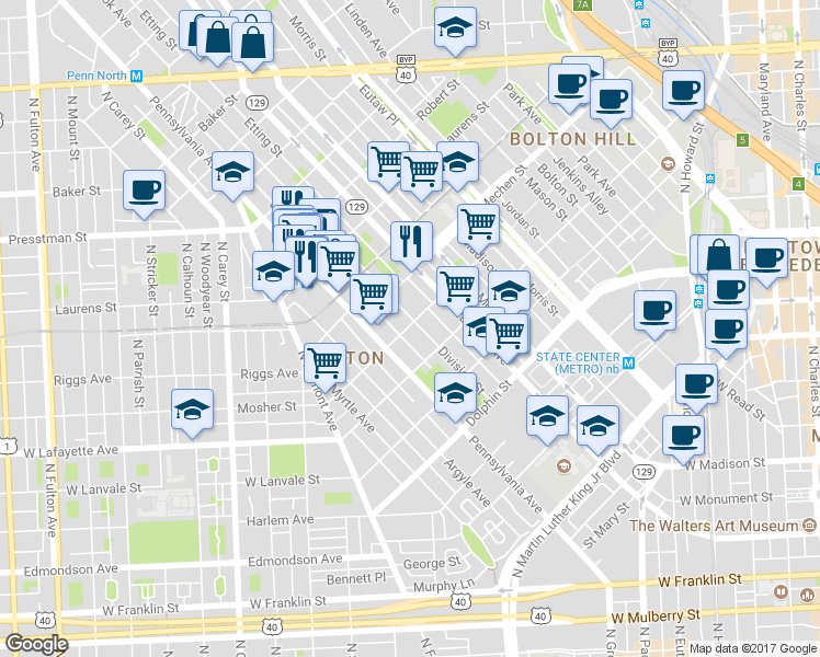 map of restaurants, bars, coffee shops, grocery stores, and more near 535 Mosher Street in Baltimore