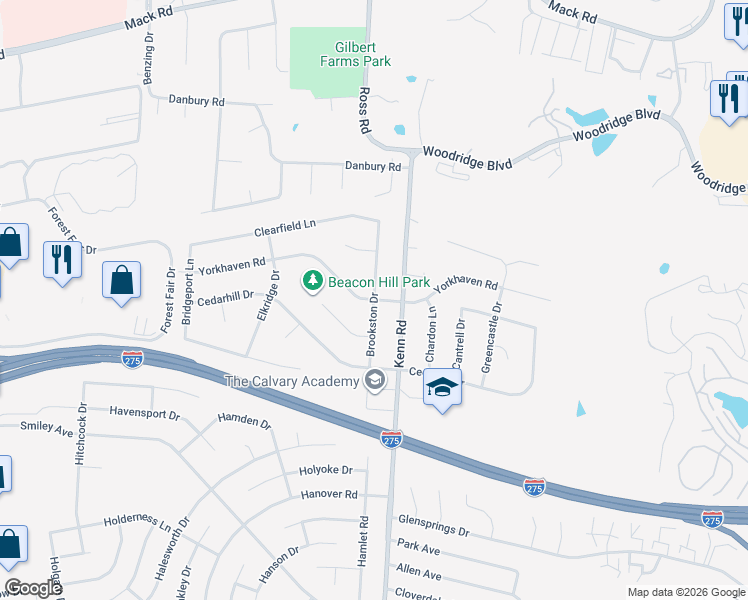 map of restaurants, bars, coffee shops, grocery stores, and more near Brookston Drive in Springdale