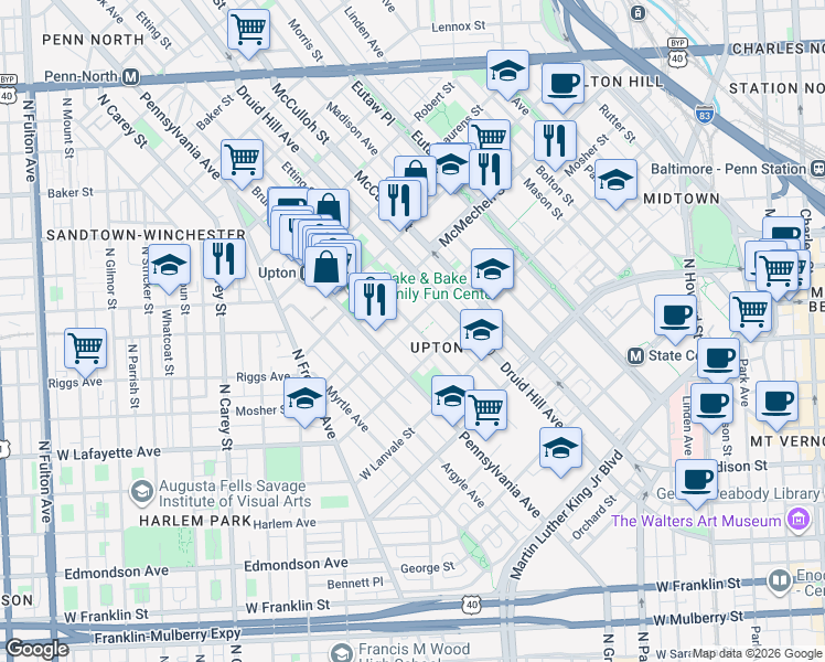 map of restaurants, bars, coffee shops, grocery stores, and more near 529 Mosher Street in Baltimore