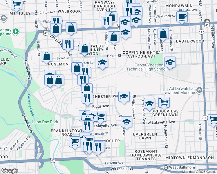 map of restaurants, bars, coffee shops, grocery stores, and more near Ashburton St & Ellicott Driveway in Baltimore