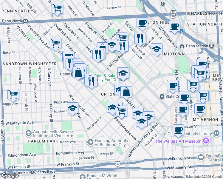 map of restaurants, bars, coffee shops, grocery stores, and more near 508 West Lafayette Avenue in Baltimore