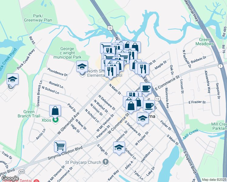 map of restaurants, bars, coffee shops, grocery stores, and more near 210 North Main Street in Smyrna