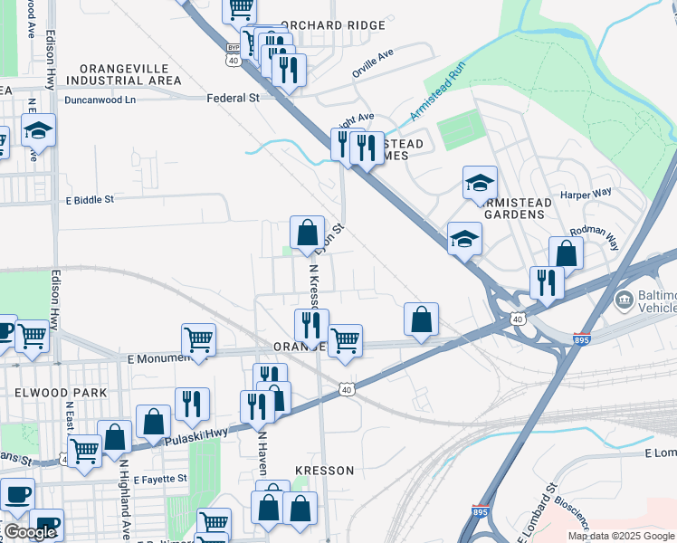 map of restaurants, bars, coffee shops, grocery stores, and more near 911 North Lehigh Street in Baltimore