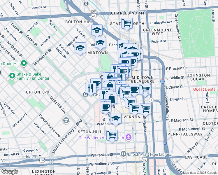 map of restaurants, bars, coffee shops, grocery stores, and more near 1020 Park Avenue in Baltimore