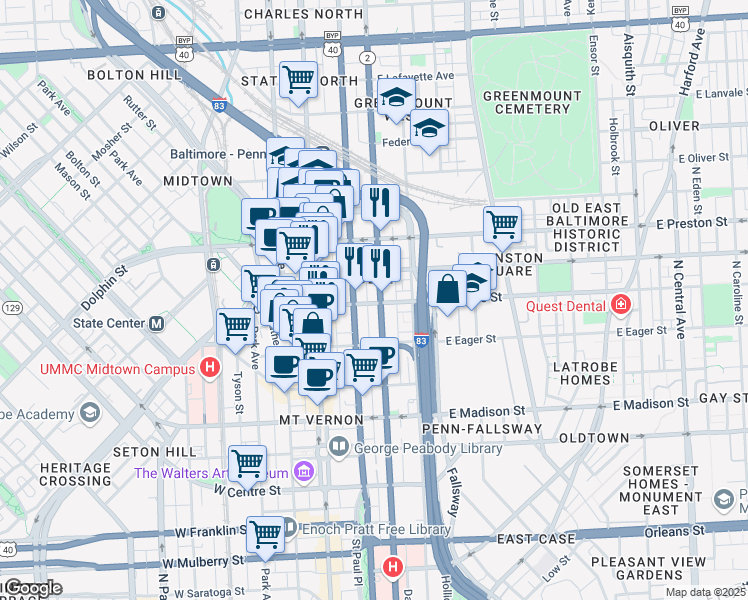 map of restaurants, bars, coffee shops, grocery stores, and more near 101 Independence Avenue Southeast in Washington