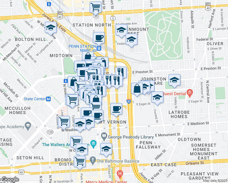 map of restaurants, bars, coffee shops, grocery stores, and more near 106 East Chase Street in Baltimore