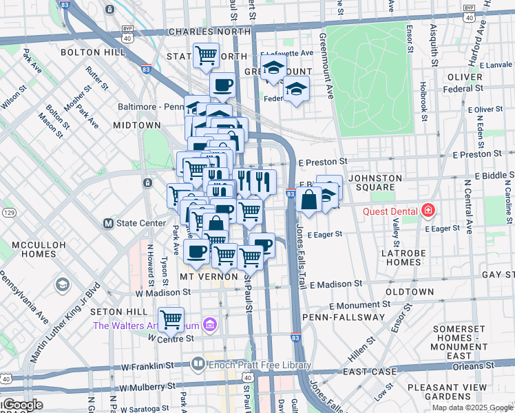 map of restaurants, bars, coffee shops, grocery stores, and more near 1119 Saint Paul Street in Baltimore
