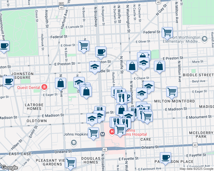 map of restaurants, bars, coffee shops, grocery stores, and more near 1021 McDonogh Street in Baltimore
