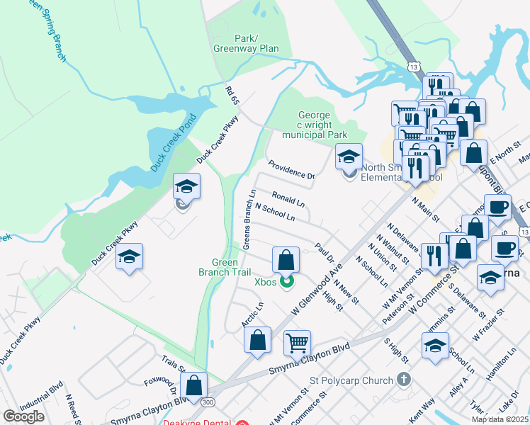 map of restaurants, bars, coffee shops, grocery stores, and more near 431 North School Lane in Smyrna