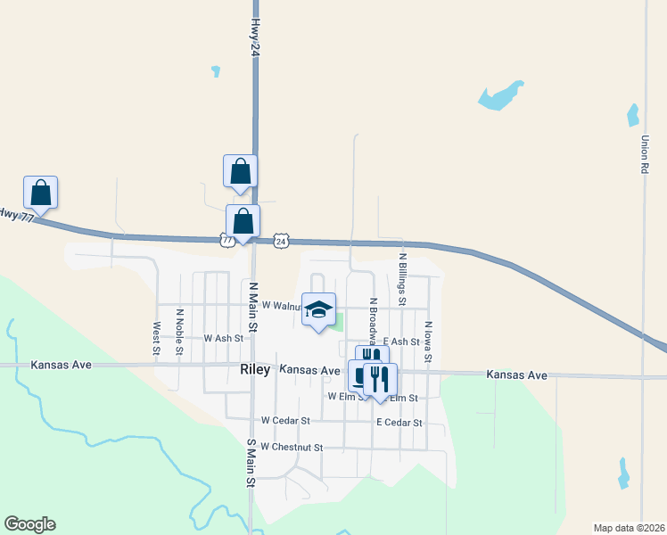 map of restaurants, bars, coffee shops, grocery stores, and more near 327 North Broadway Street in Riley