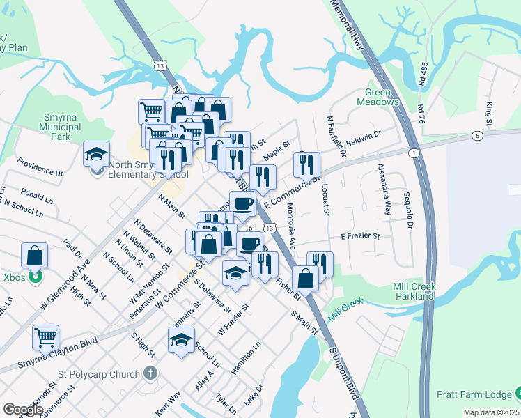 map of restaurants, bars, coffee shops, grocery stores, and more near 15 North Dupont Boulevard in Smyrna