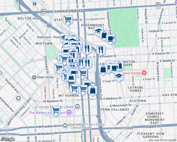 map of restaurants, bars, coffee shops, grocery stores, and more near 1101 North Calvert Street in Baltimore