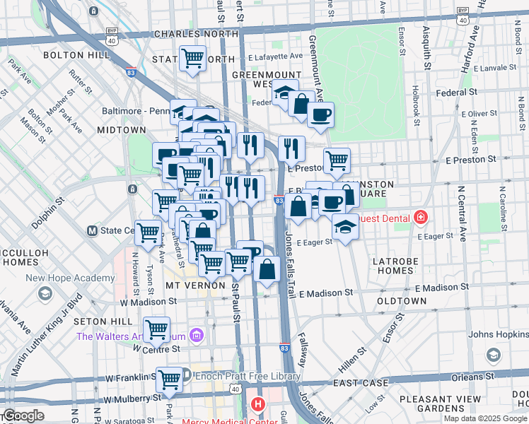 map of restaurants, bars, coffee shops, grocery stores, and more near 204 East Chase Street in Baltimore