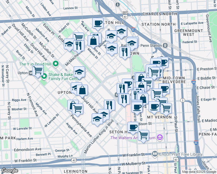 map of restaurants, bars, coffee shops, grocery stores, and more near 351 West Camden Street in Baltimore