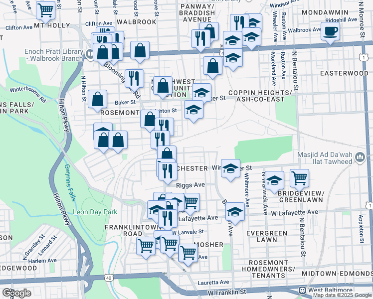 map of restaurants, bars, coffee shops, grocery stores, and more near 2752 Ellicott Driveway in Baltimore