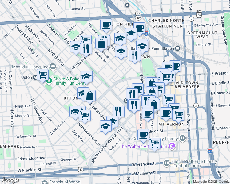 map of restaurants, bars, coffee shops, grocery stores, and more near 1123 Eutaw Place in Baltimore