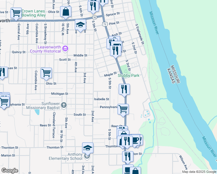 map of restaurants, bars, coffee shops, grocery stores, and more near 1608 South 5th Street in Leavenworth