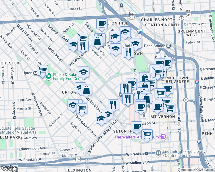 map of restaurants, bars, coffee shops, grocery stores, and more near 1123 Eutaw Place in Baltimore