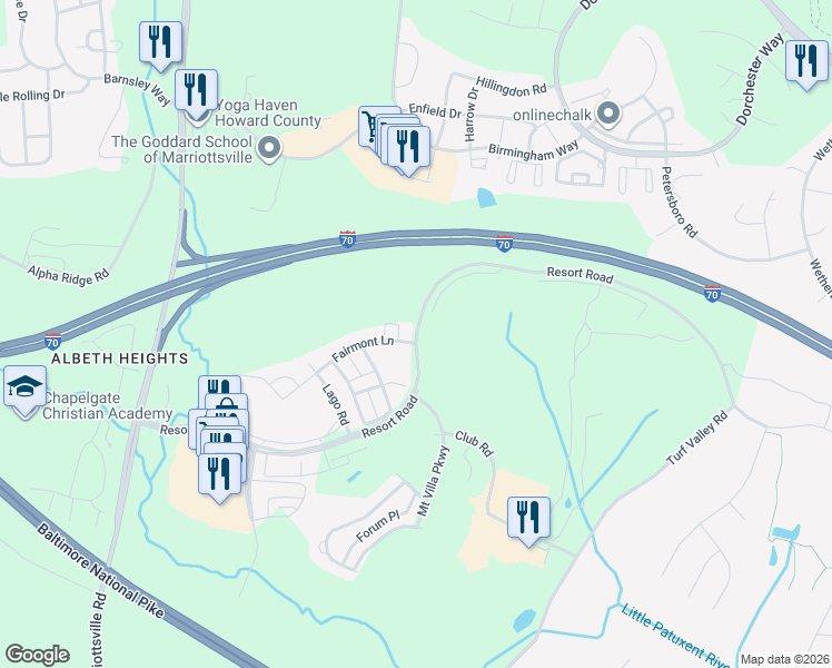 map of restaurants, bars, coffee shops, grocery stores, and more near 11030 Resort Road in Ellicott City