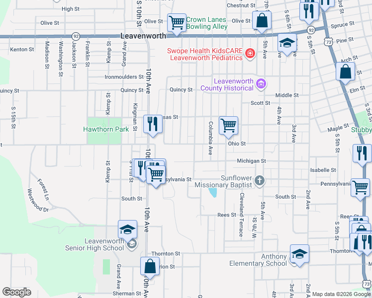 map of restaurants, bars, coffee shops, grocery stores, and more near 795 Ohio Street in Leavenworth