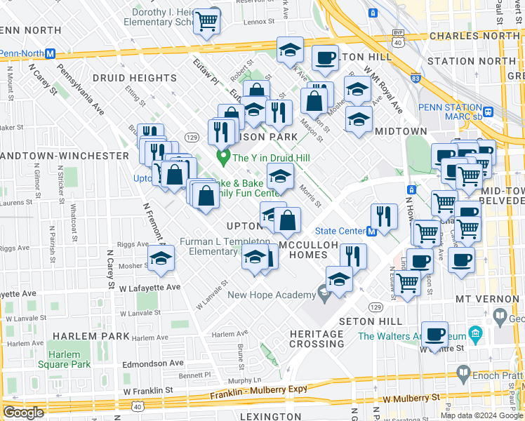map of restaurants, bars, coffee shops, grocery stores, and more near Druid Hill Ave & W Lafayette Ave in Baltimore