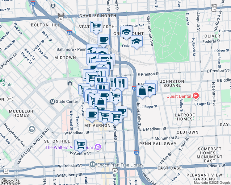 map of restaurants, bars, coffee shops, grocery stores, and more near 1101 Saint Paul Street in Baltimore