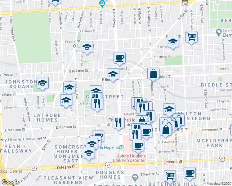 map of restaurants, bars, coffee shops, grocery stores, and more near 1049 North Broadway in Baltimore