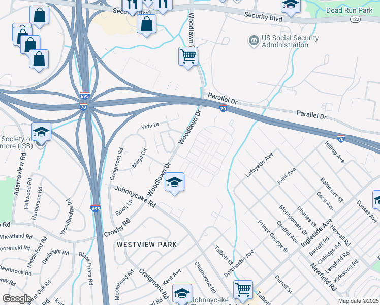 map of restaurants, bars, coffee shops, grocery stores, and more near 2 Walden Birch Court in Woodlawn