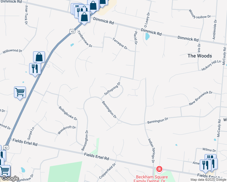map of restaurants, bars, coffee shops, grocery stores, and more near 9854 Softspring Drive in Cincinnati