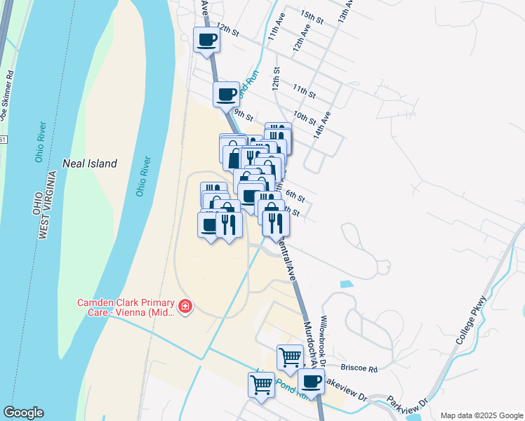 map of restaurants, bars, coffee shops, grocery stores, and more near 500 Grand Central Avenue in Vienna