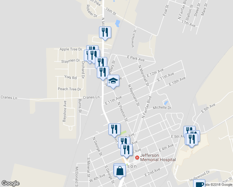 map of restaurants, bars, coffee shops, grocery stores, and more near 506 North Preston Street in Ranson