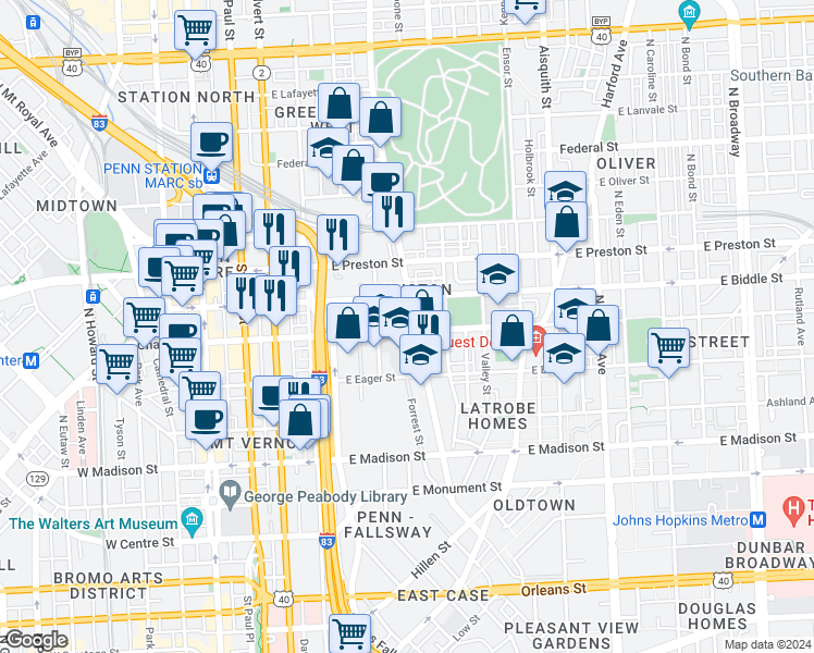 map of restaurants, bars, coffee shops, grocery stores, and more near 1100 Greenmount Avenue in Baltimore