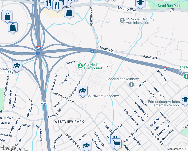 map of restaurants, bars, coffee shops, grocery stores, and more near 20 Walden Birch Court in Woodlawn